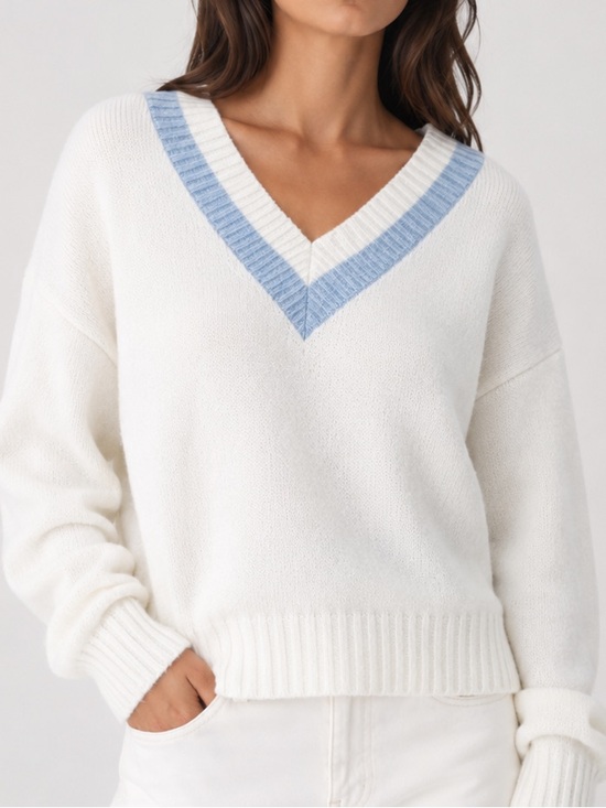Fate Sweaters - FATE Merino Wool Cricket Sweater Size M New White Blue V-Neck Thick Knit
FATE s